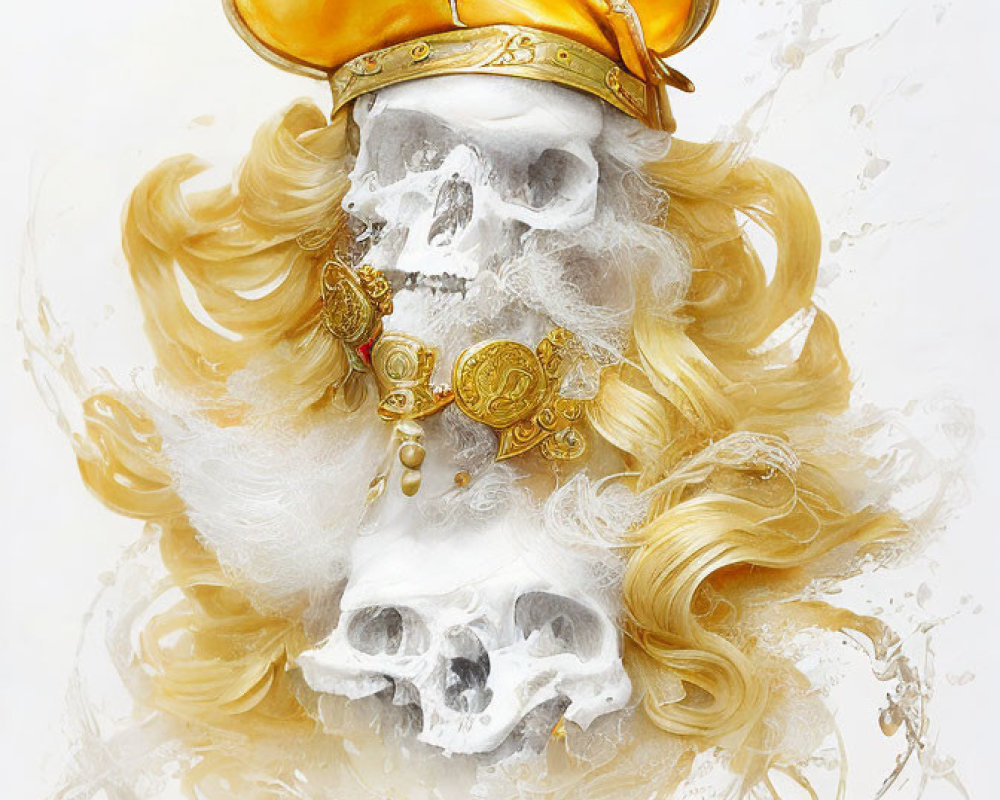 Skull with white beard and golden crown in dynamic paint splatters