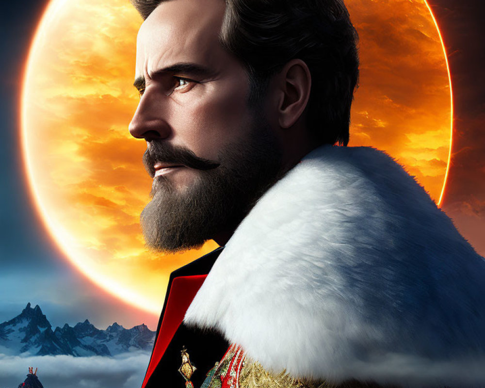 Bearded figure in red and gold military uniform against mountainous backdrop with moon