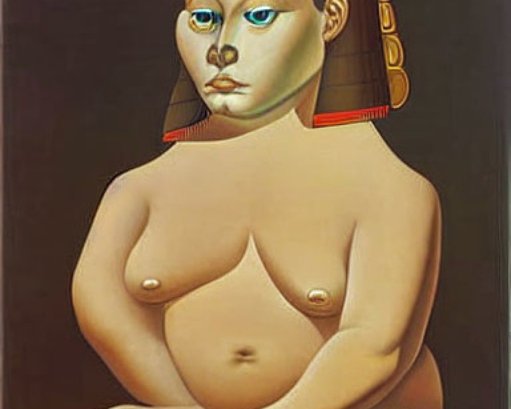 Surreal painting of topless female figure with elongated face and stylized hair