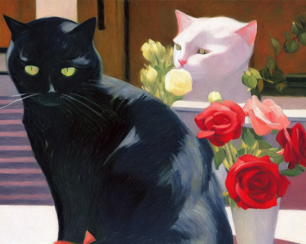 Two painted cats beside a vase of red roses on a patterned surface