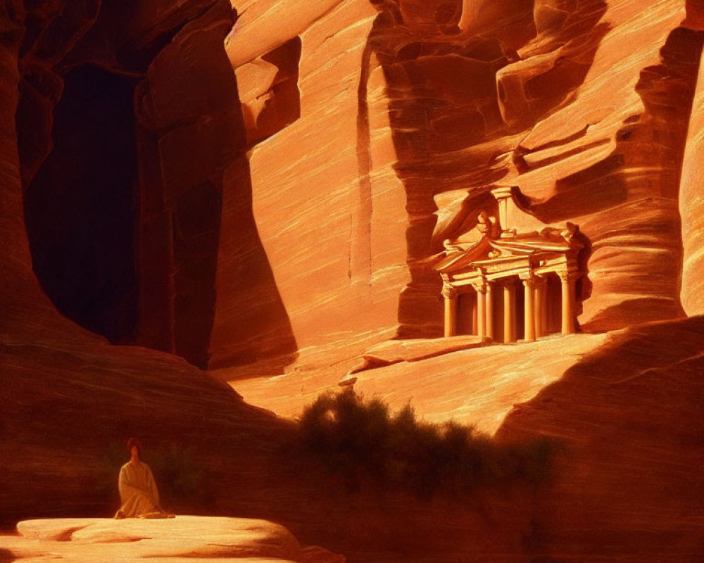 Contemplative person in white near Petra's Al-Khazneh facade