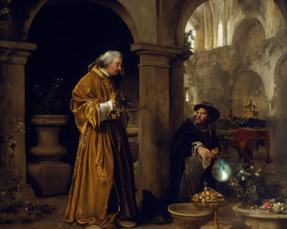 Scholarly men in robes converse in stone setting with archways, globe, and artifacts