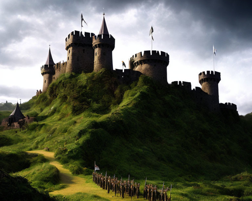 Majestic castle on verdant hill with towers and soldiers under dramatic sky