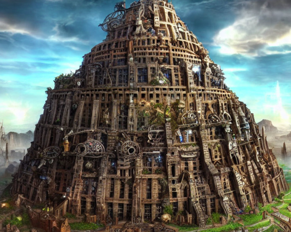 Dilapidated futuristic tower in lush post-apocalyptic setting