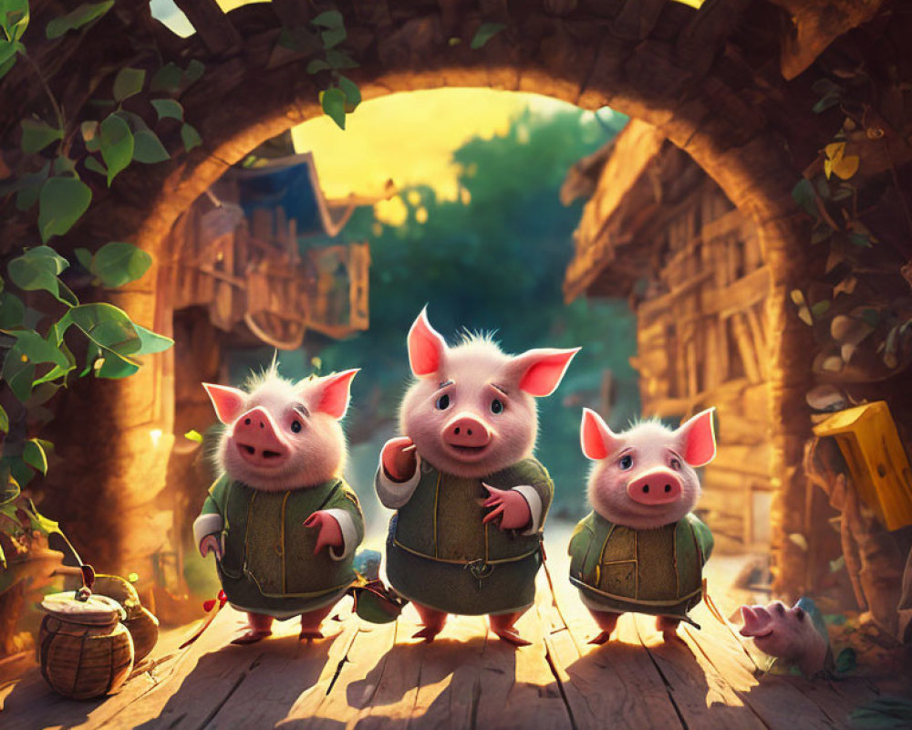 Animated pigs with items in stone archway against sunset-lit forest