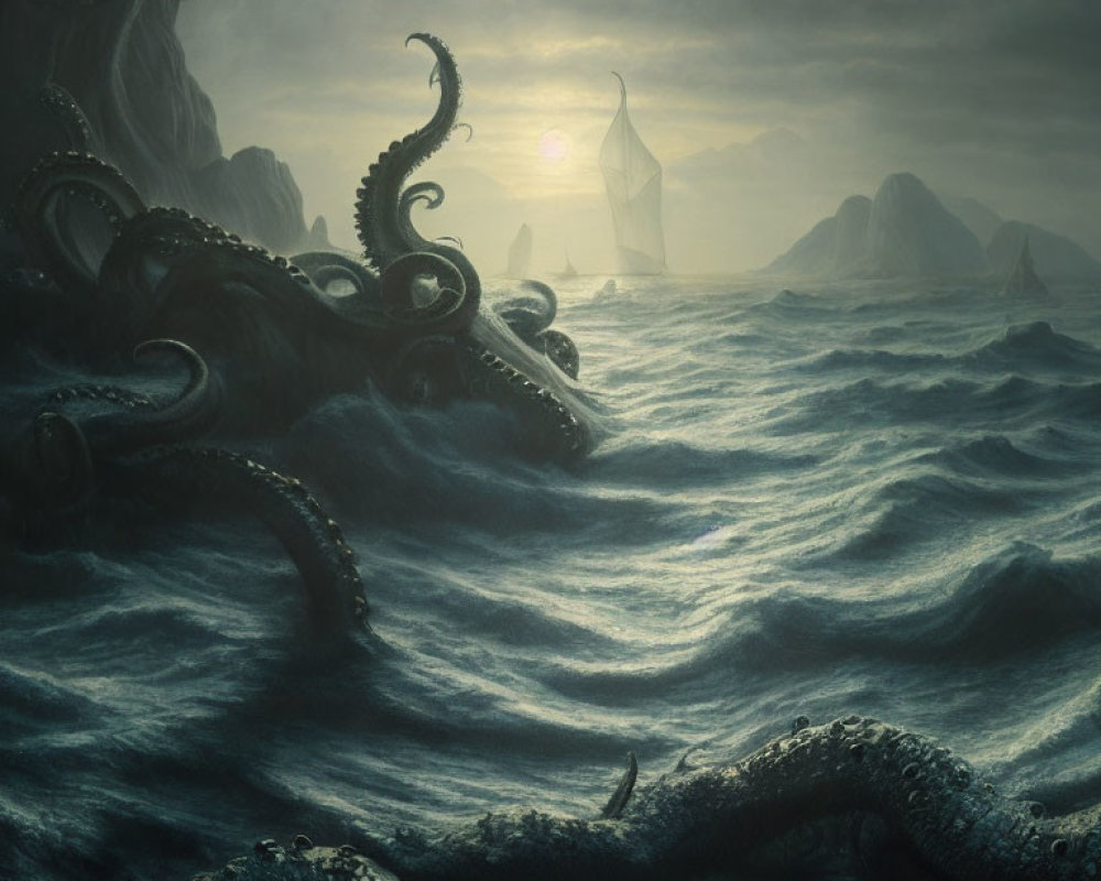 Stormy Ocean Scene: Giant Octopus Tentacles, Sailboat, Cloudy Sky