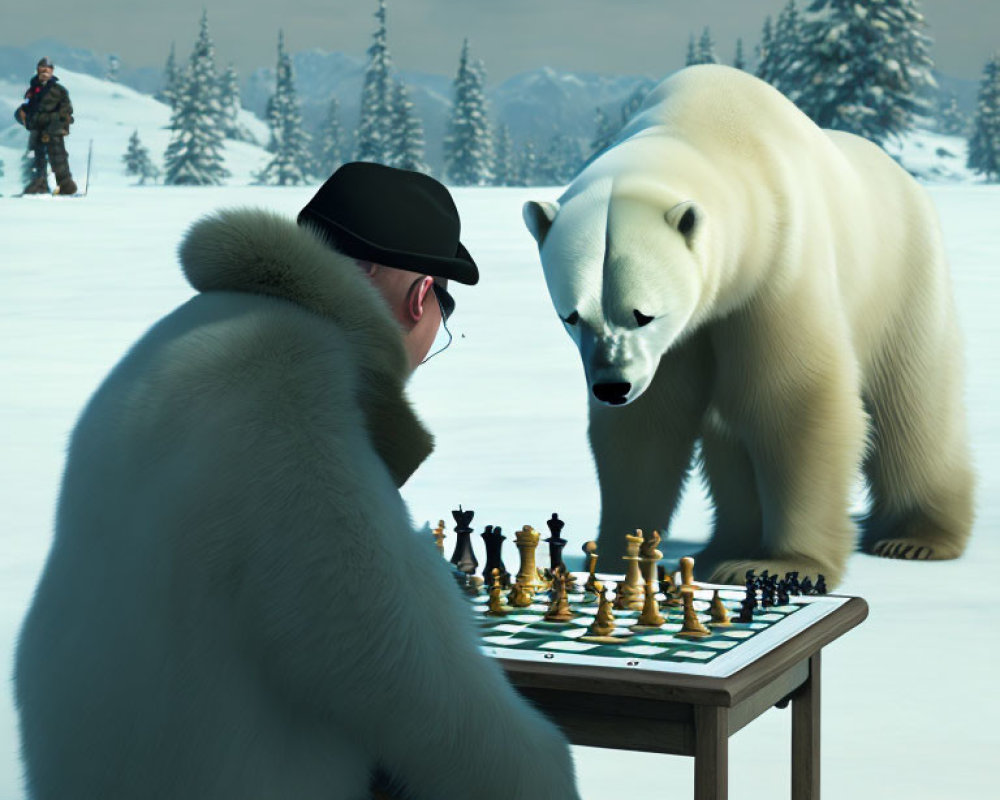 Man in coat playing chess with polar bear in snowy landscape