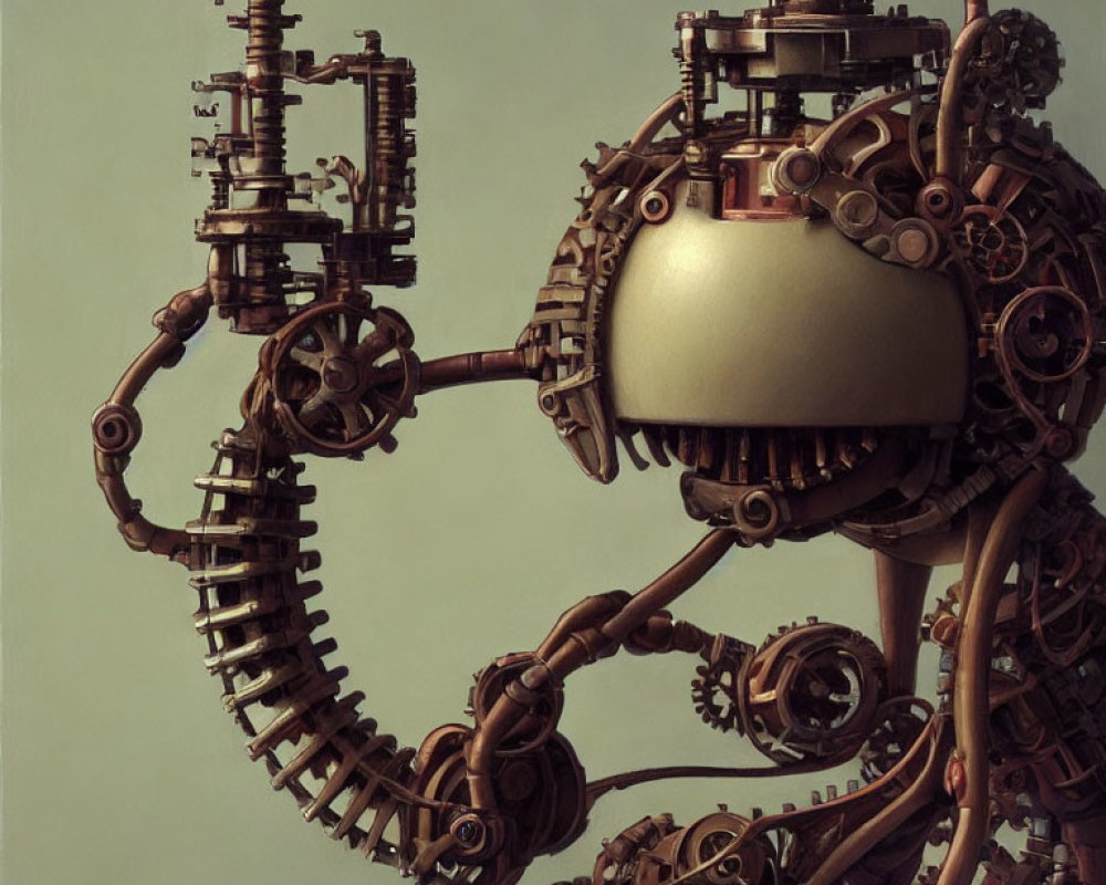 Steampunk mechanical dinosaur skeleton with gears and pistons