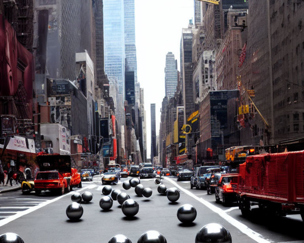 City street with black spherical sculptures, cars, and tall buildings under overcast sky