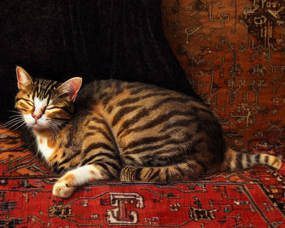 Striped cat resting on colorful oriental carpet with intricate tapestry background.