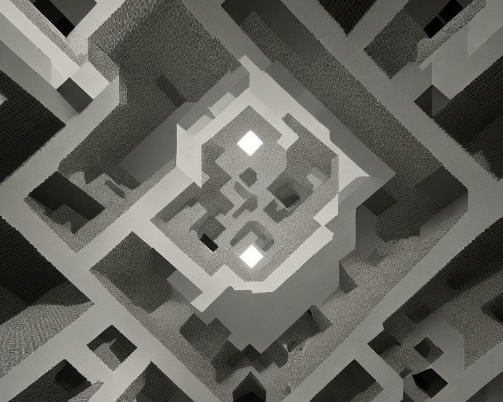 Monochrome geometric fractal pattern resembling intricate 3D maze.