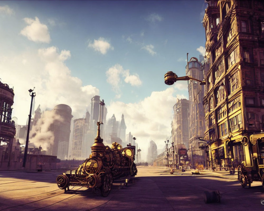 Steampunk-inspired cityscape with retro-futuristic vehicles and elaborate architecture.