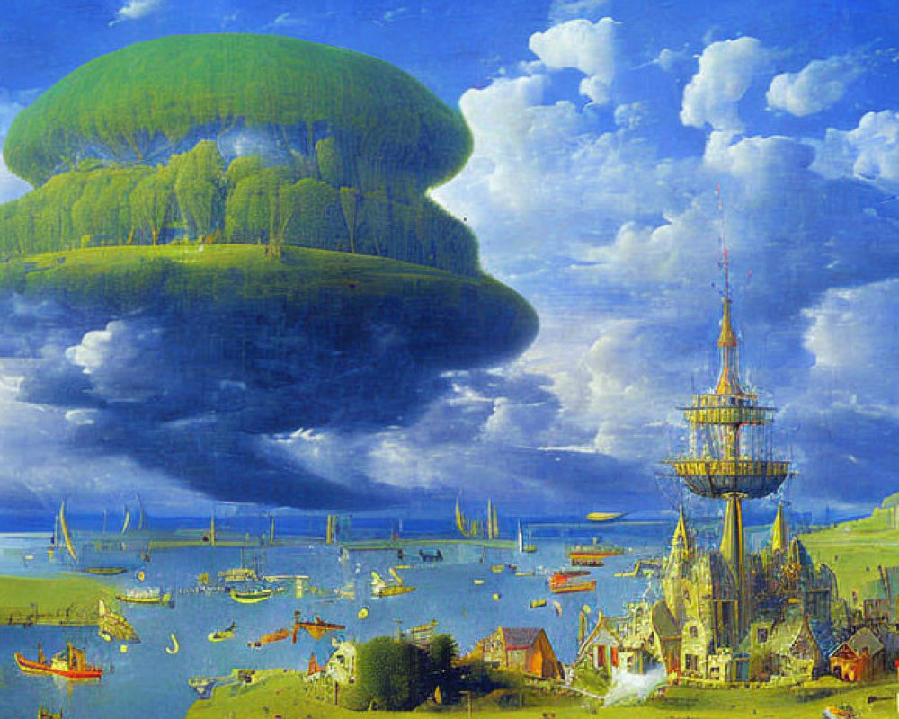 Fantastical landscape painting: Floating island above bustling port town