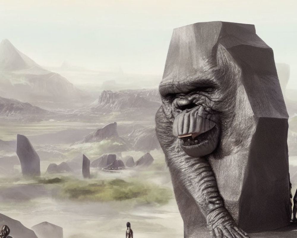 Surreal landscape with giant stone ape head and human figure among towering rocks