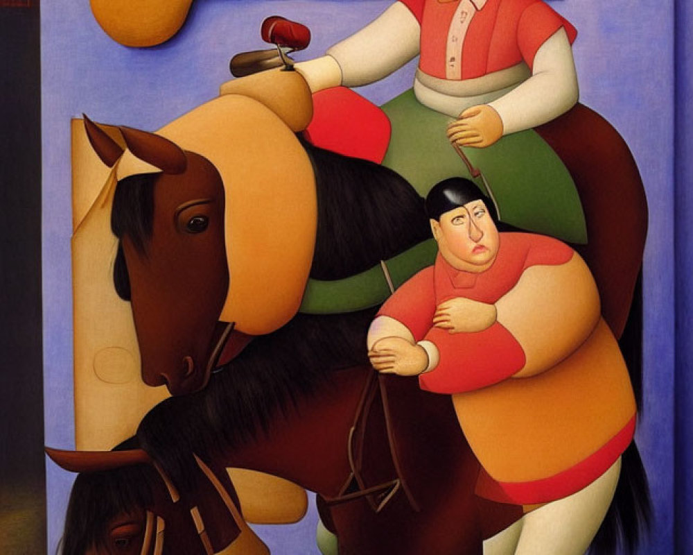 Surreal painting of stout figures in vintage attire on horseback