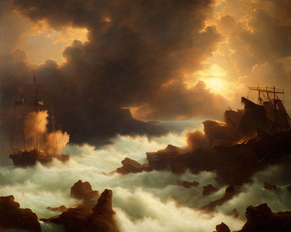 Maritime scene with ships, turbulent seas, rocks, and dramatic sky