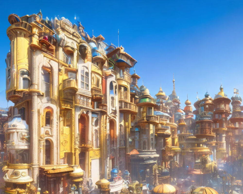 Vibrant fantasy cityscape with golden buildings under sunlit sky