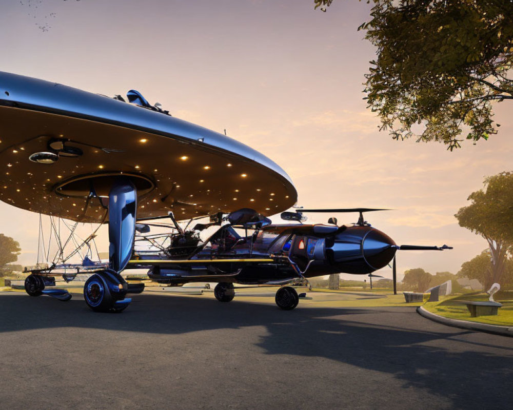 Futuristic drone taxi parked under illuminated structure at dusk