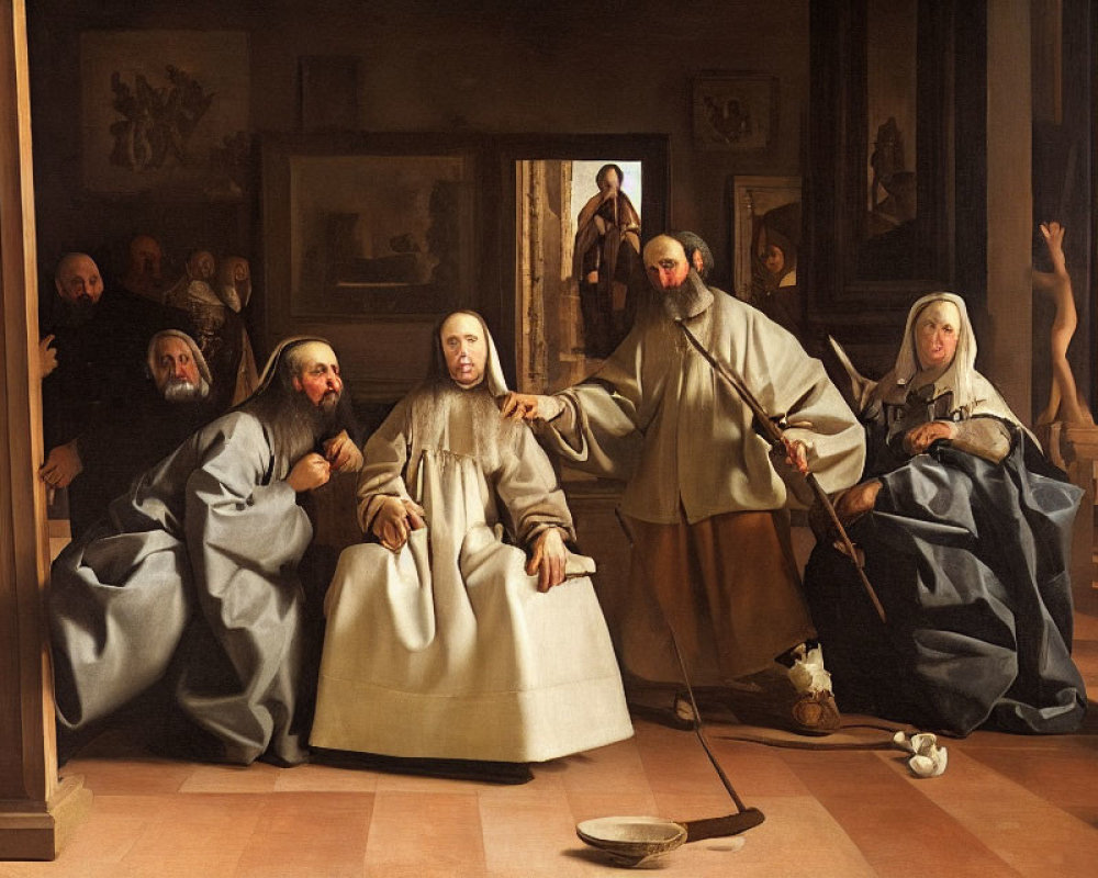 Historic religious painting of six figures in deep conversation