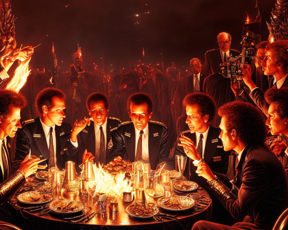 Illustration of people in suits dining by fire in fiery landscape