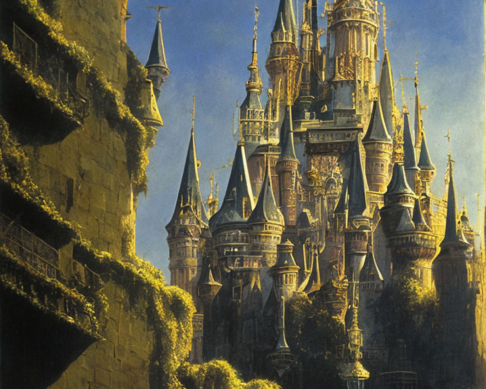 Fantasy Castle with Spires and Towers Against Blue Sky