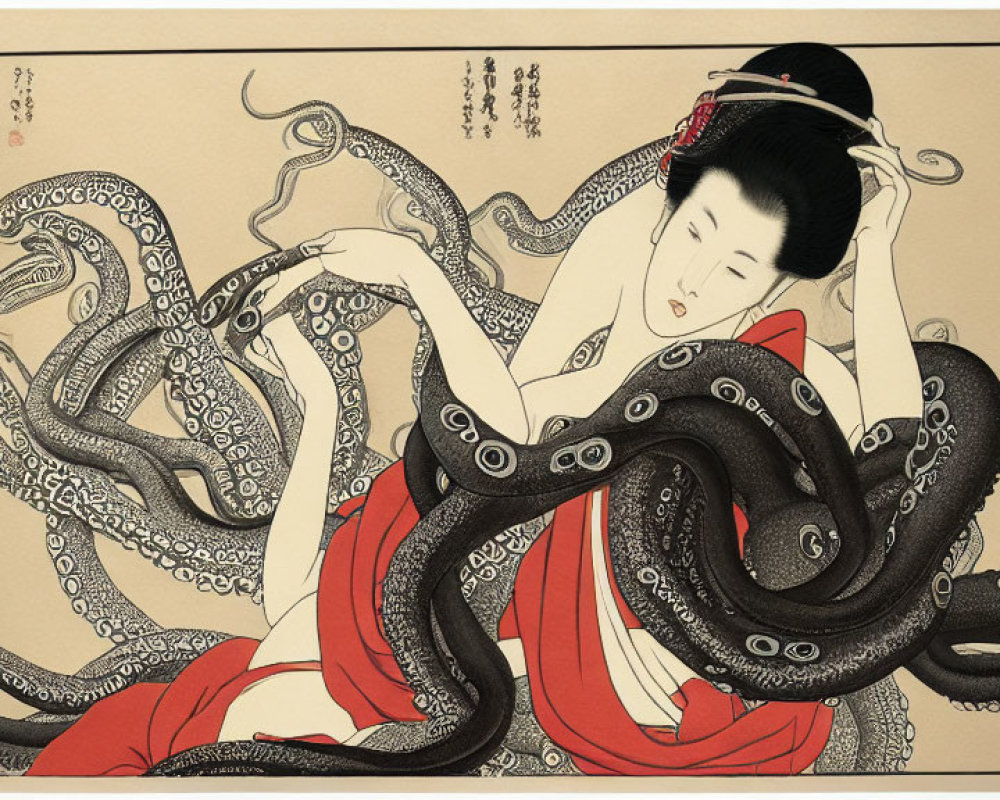 Traditional Japanese-Style Illustration of Woman with Octopus in Red