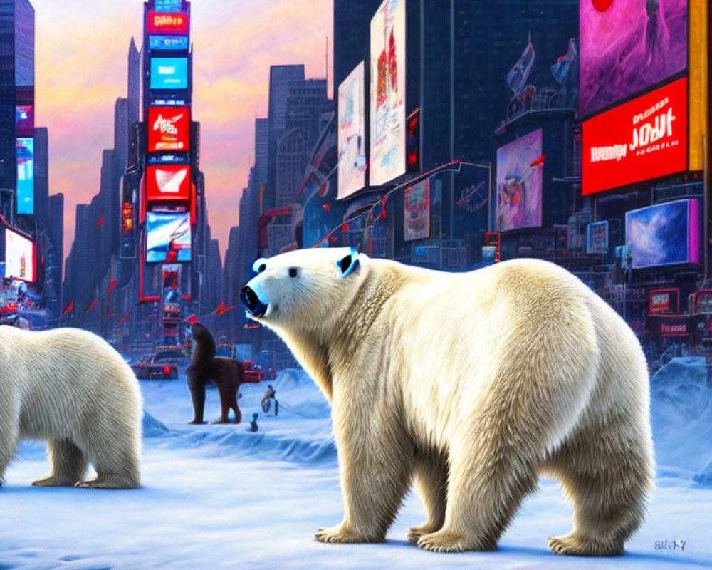 Snow-covered Times Square with Polar Bears and Colorful Billboards