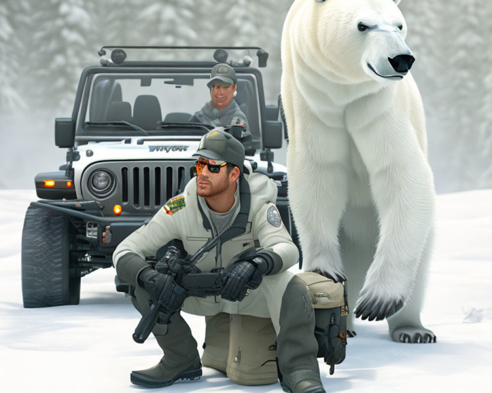 Soldiers in winter gear with jeep watching polar bear in snowy landscape