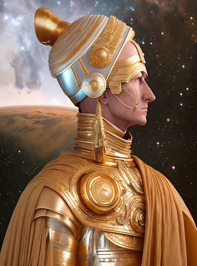 Golden sci-fi armor-clad figure in space with planet backdrop