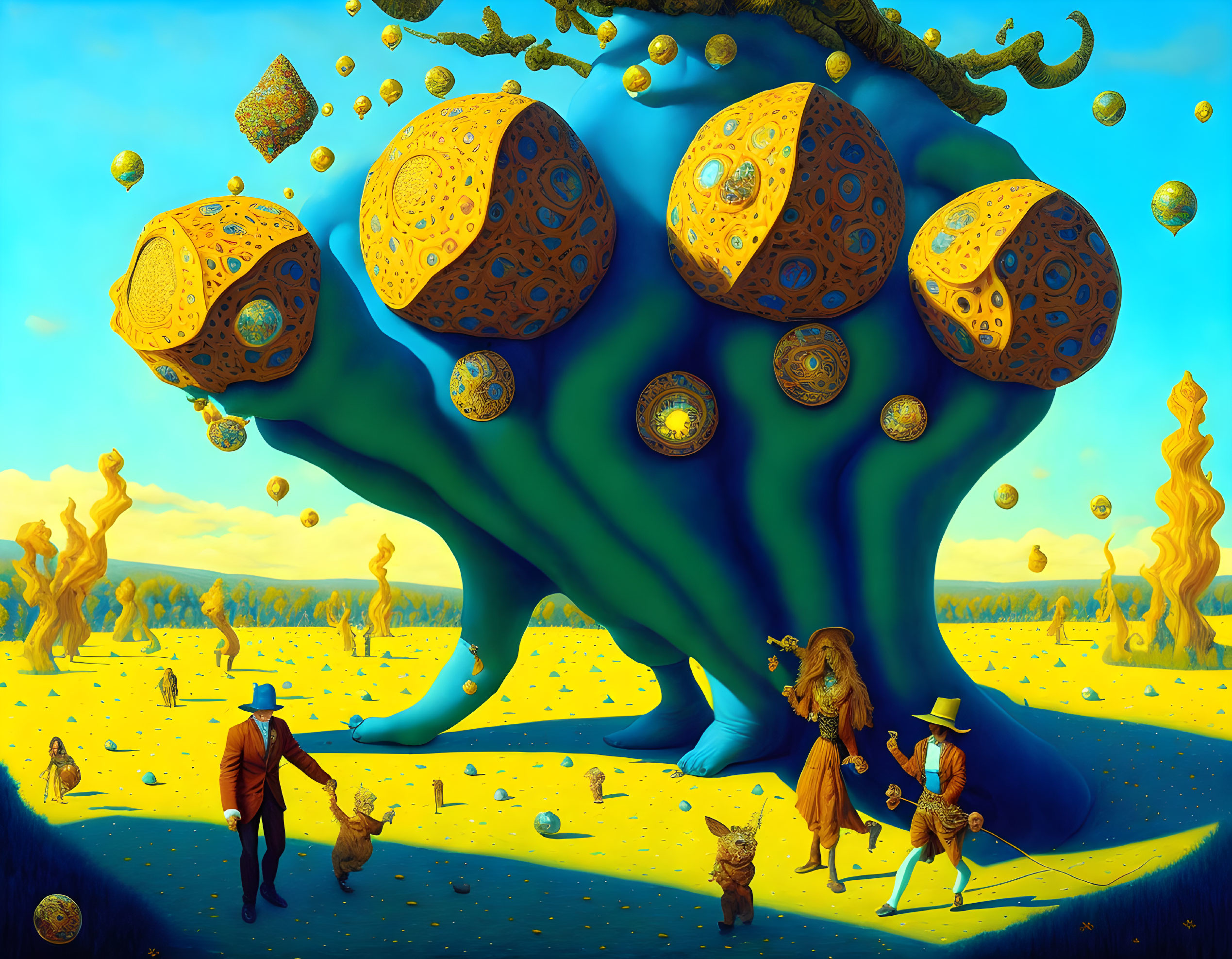 Surreal landscape with blue creature and Wizard of Oz characters