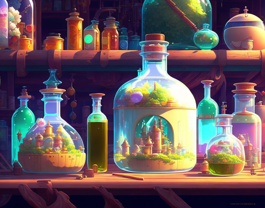 Colorful magical bottles and terrariums on cozy wooden shelf