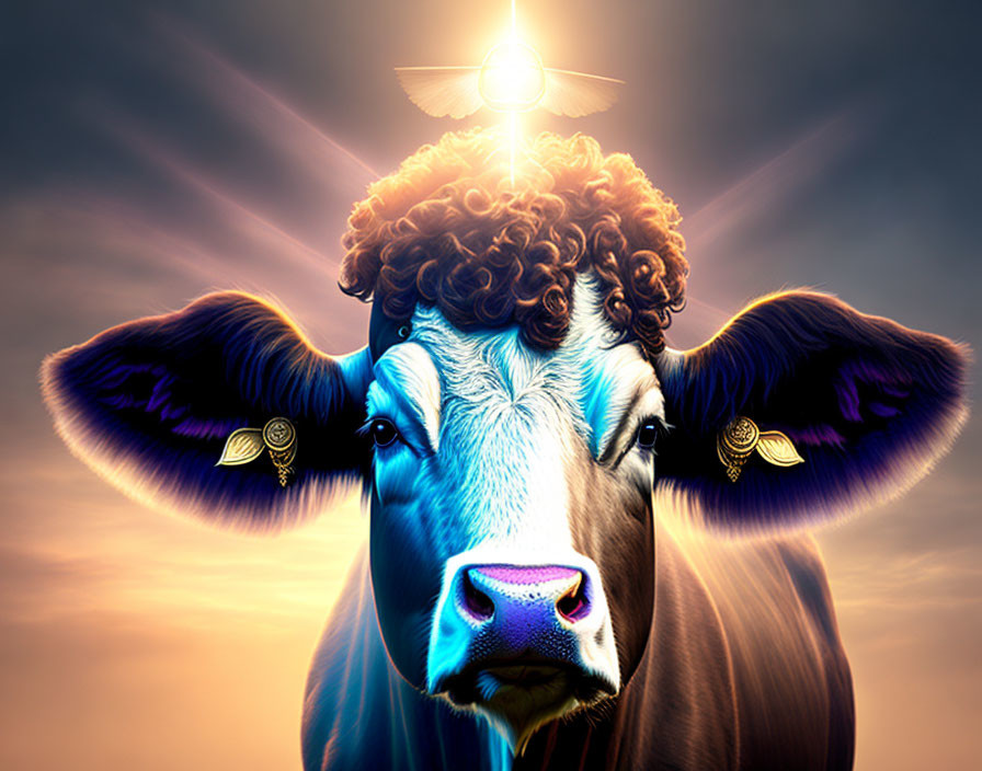 Cow with human-like head and halo on warm background.