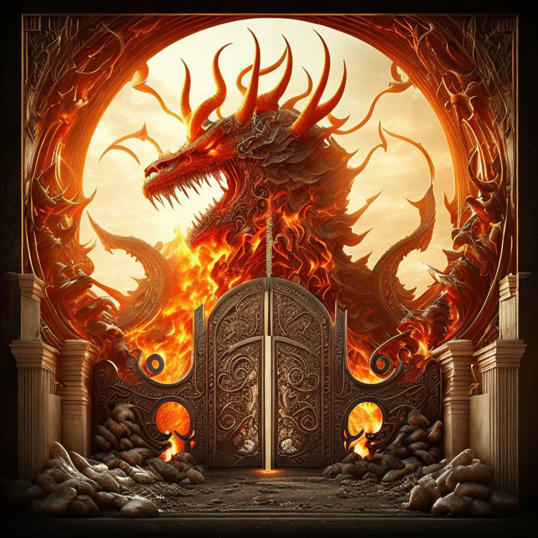 Ornate Arched Gateway with Fiery Dragon and Flames