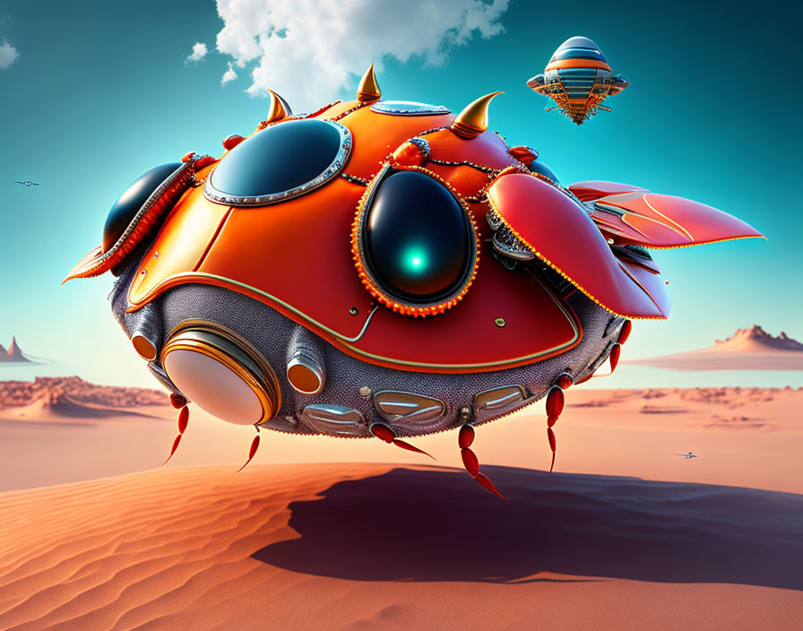 Colorful futuristic airship over desert landscape with smaller crafts