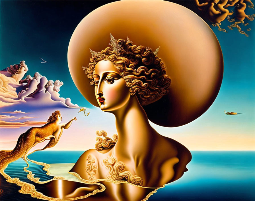 Surrealist painting of woman's profile with intricate hair and glowing orb background