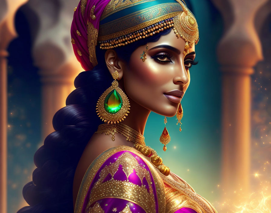 Royal woman adorned in golden jewelry and regal attire.