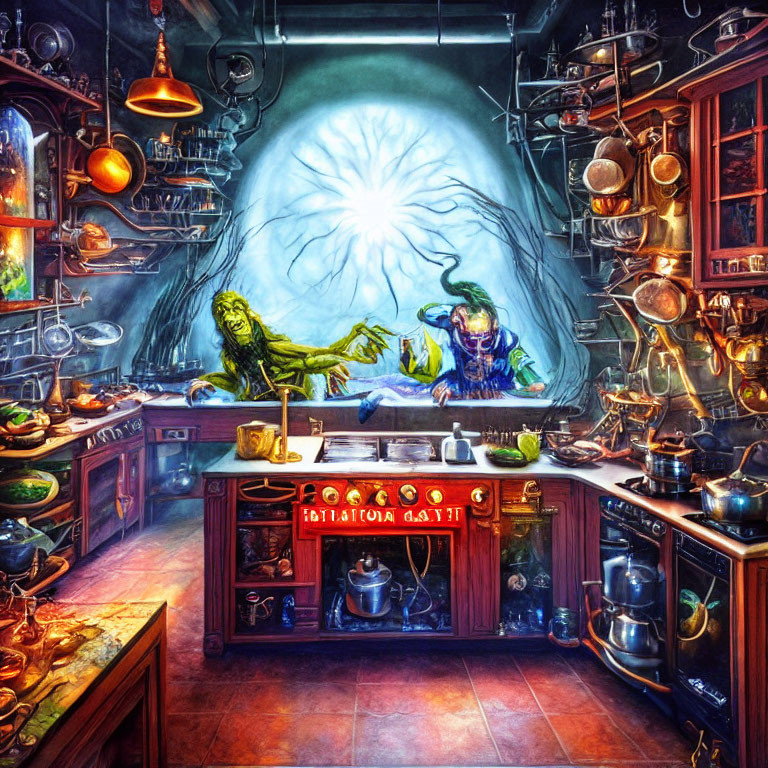 Fantasy laboratory scene with wizards casting spells