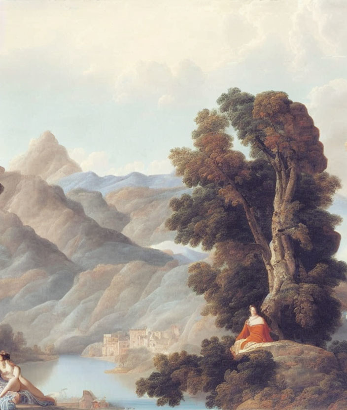 Classical landscape painting with figures by tree, mountains, lake, and castle