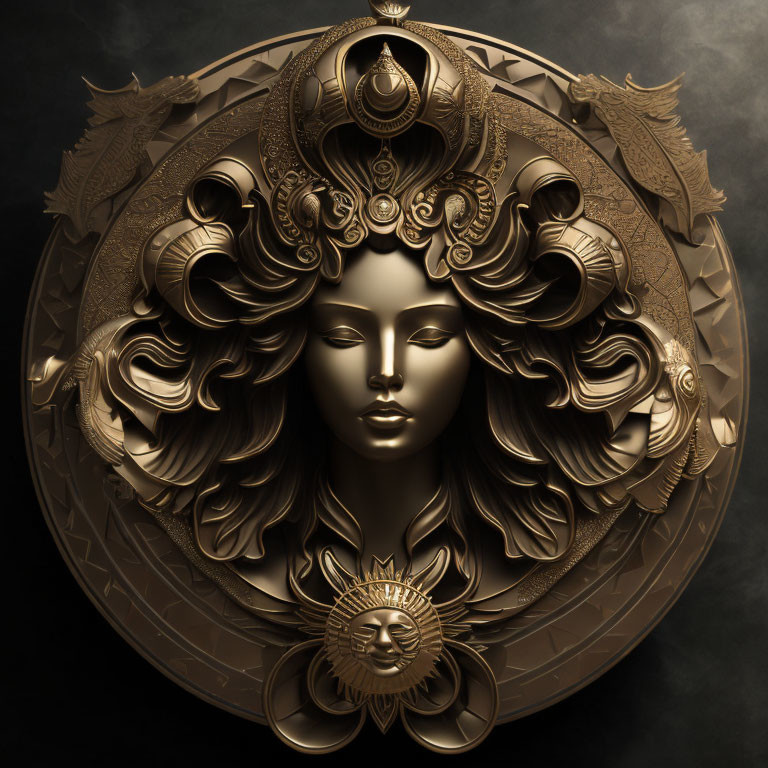 Intricate golden emblem with serene female face and sun motif