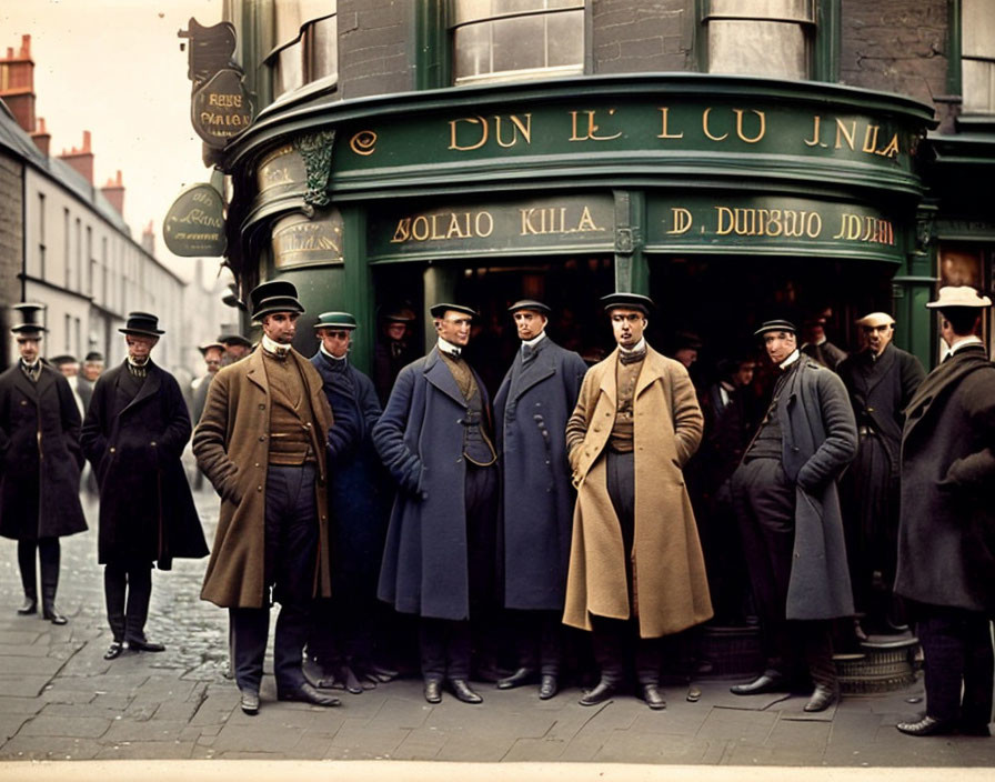 Vintage European Street Scene: Men in Early 20th-Century Attire Outside Corner Pub