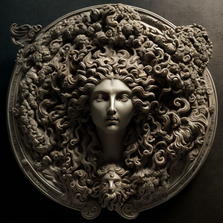 Bas-Relief Sculpture of Woman's Face with Intricate Hair and Floral Patterns