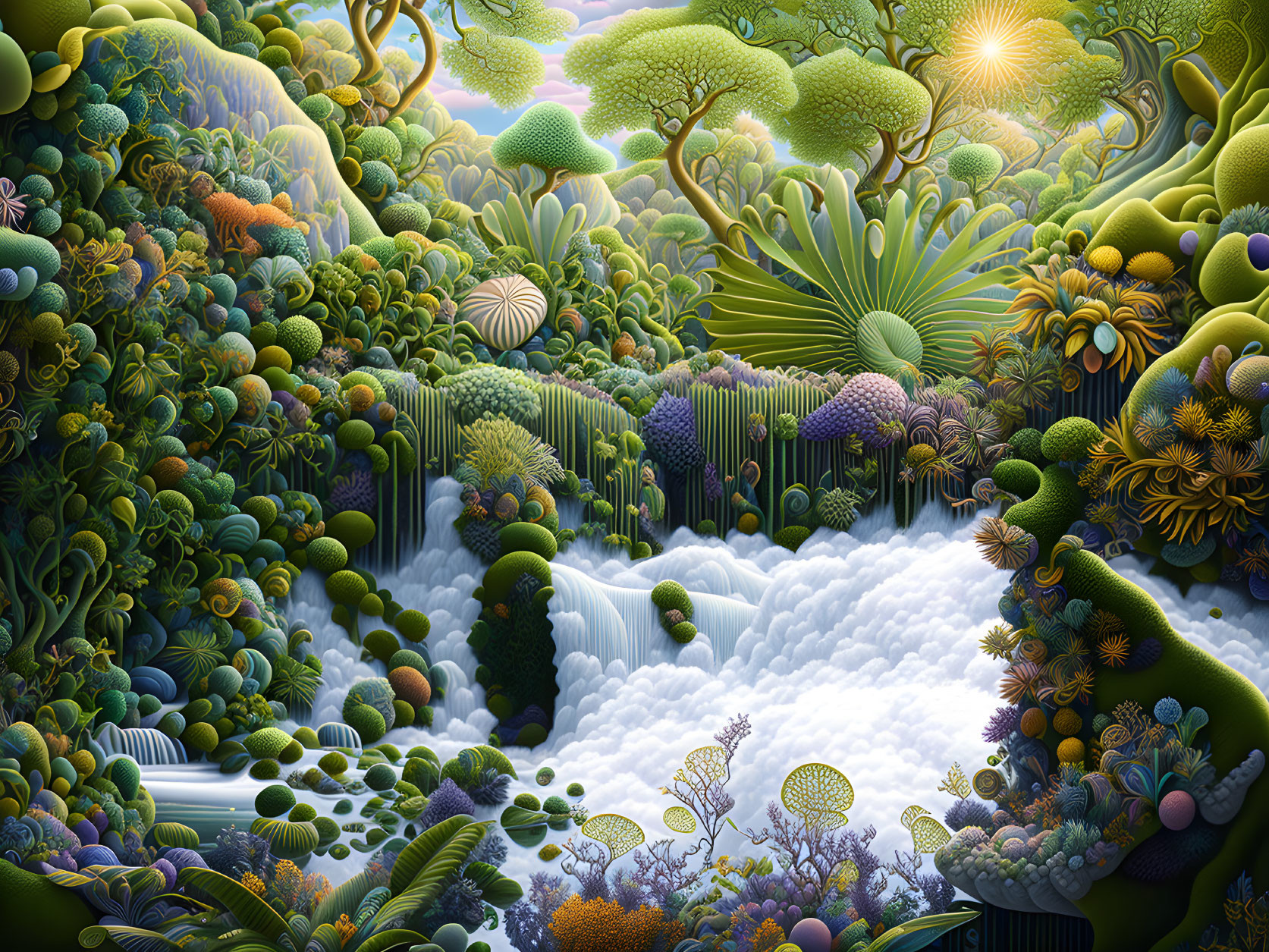 Digital art: Lush waterfall scene with stylized trees and sunlight