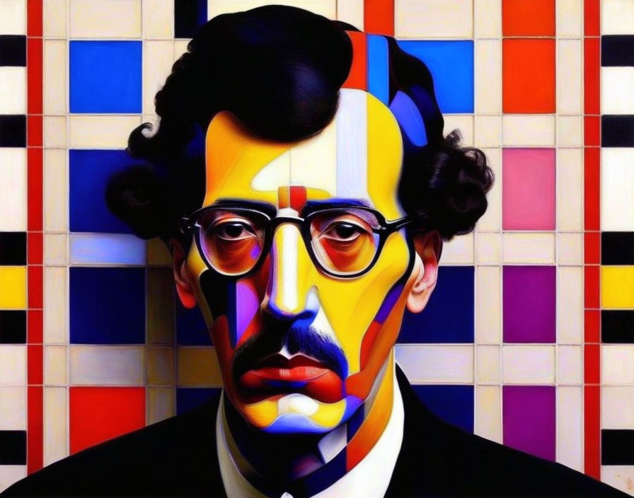 Vibrant geometric portrait of a man with glasses and mustache