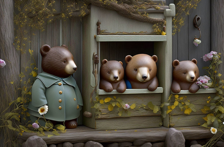 Bear family illustration: parent bear outside, three cubs in wooden house, flowers and vines.