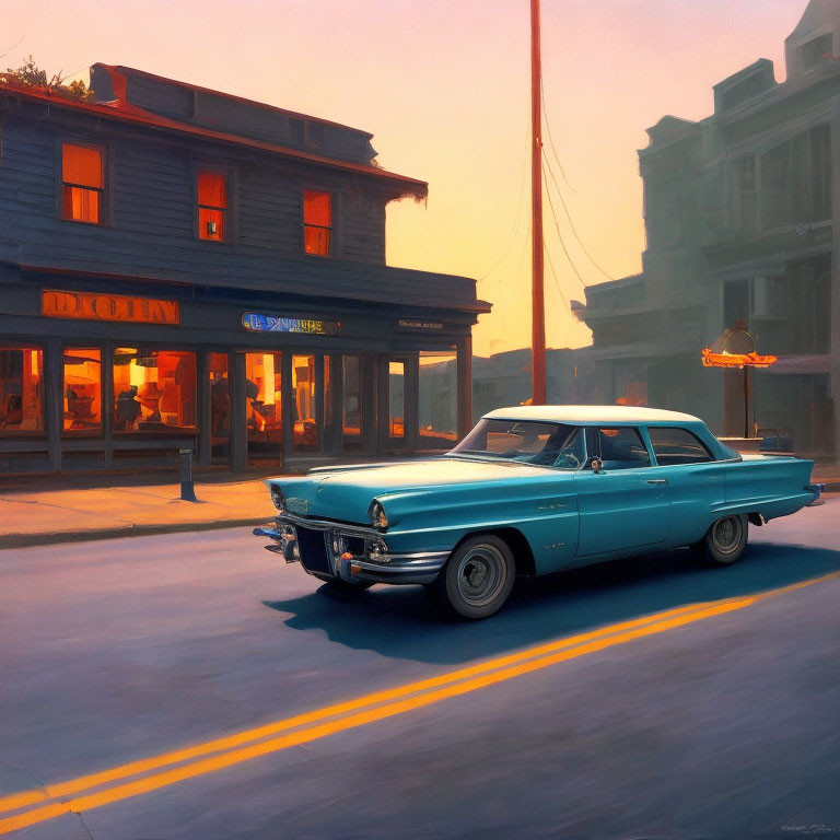 Vintage Blue Car Parked on Quiet Street with Old-Fashioned Buildings and Neon Signs at Twilight