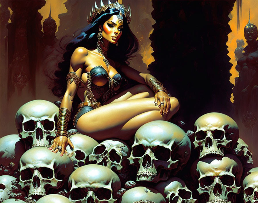 Fantasy warrior woman on skull pile with mystical aura.