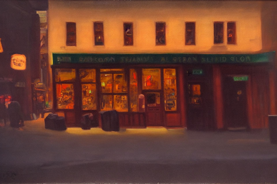 Dimly Lit Street Painting with Warm Saloon Glow