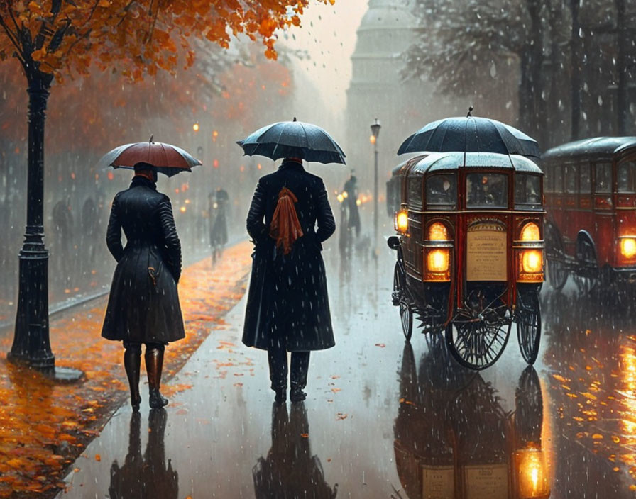 City street scene with individuals, umbrellas, and horse-drawn carriage in rain.