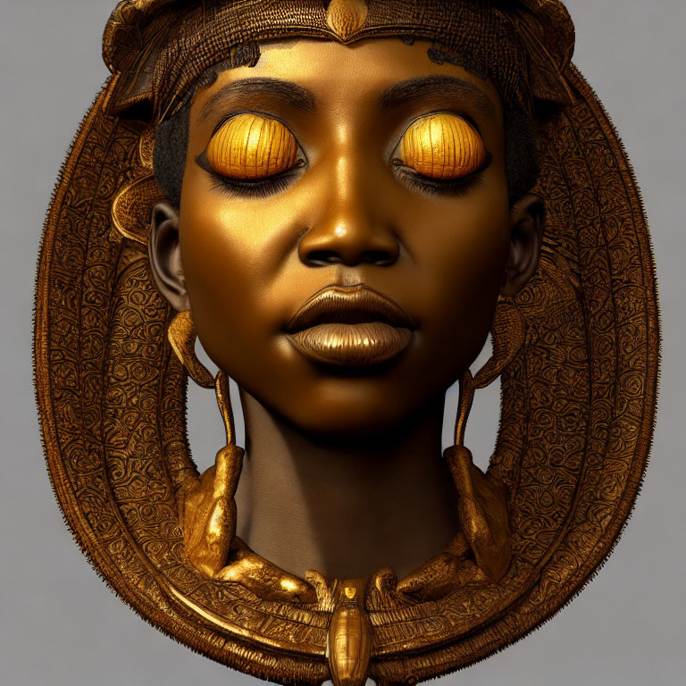 Golden portrait of woman with closed eyes and tribal jewelry against simple background