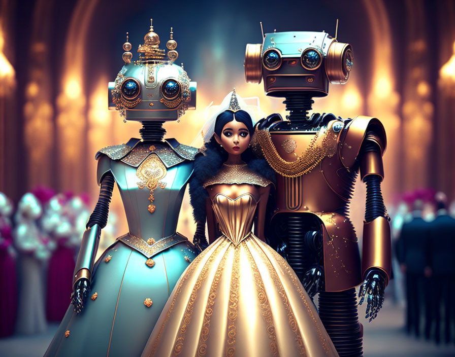 Three ornate royal robots in grand hall with feminine central figure in golden gown.